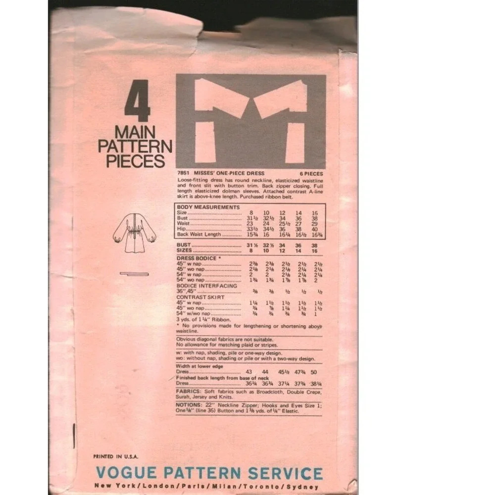 Vintage Vogue Pattern 7851 Misses One-Piece Dress Dolman Sleeve Size 12 Bust 34
